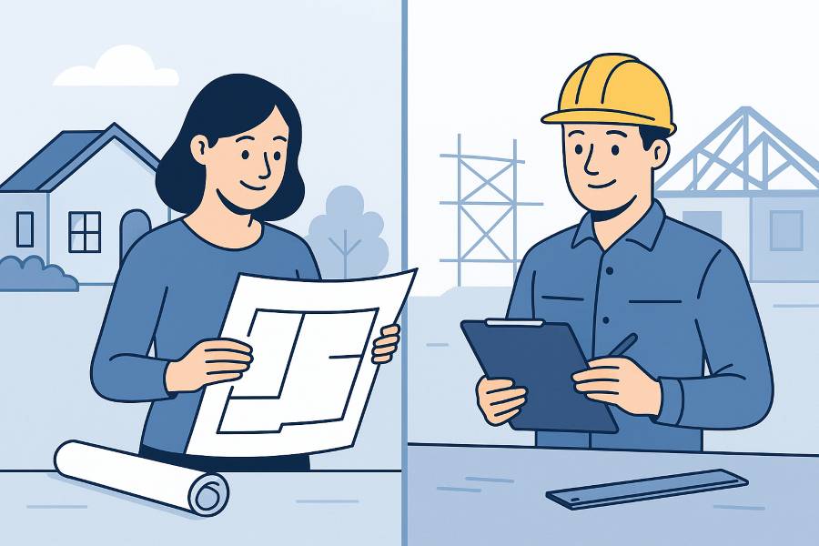 Illustration owner and builder comparing quotes